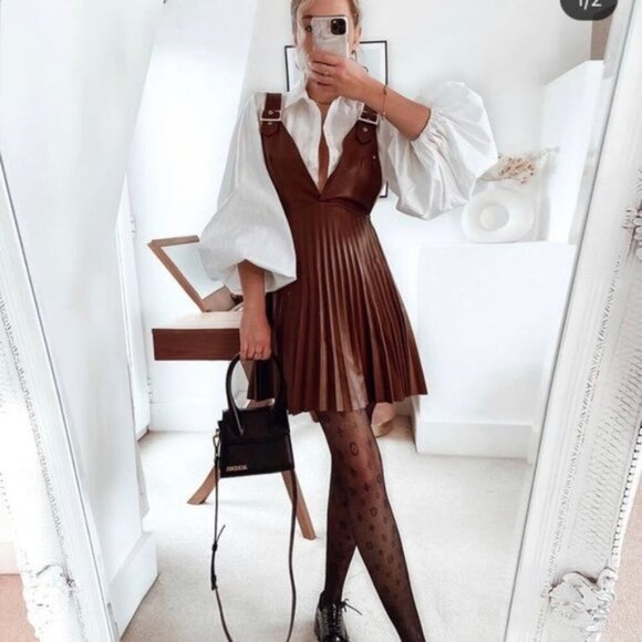 Zara Accordion Pleated Faux Leather Mini Dress Brown Size XS Blogger Fav - Picture 3 of 8
